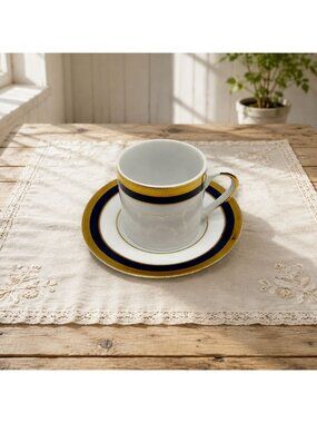 La Vaissellerie Demitasse Cup Saucer Gold Blue Navy Vaiselle France Vintage